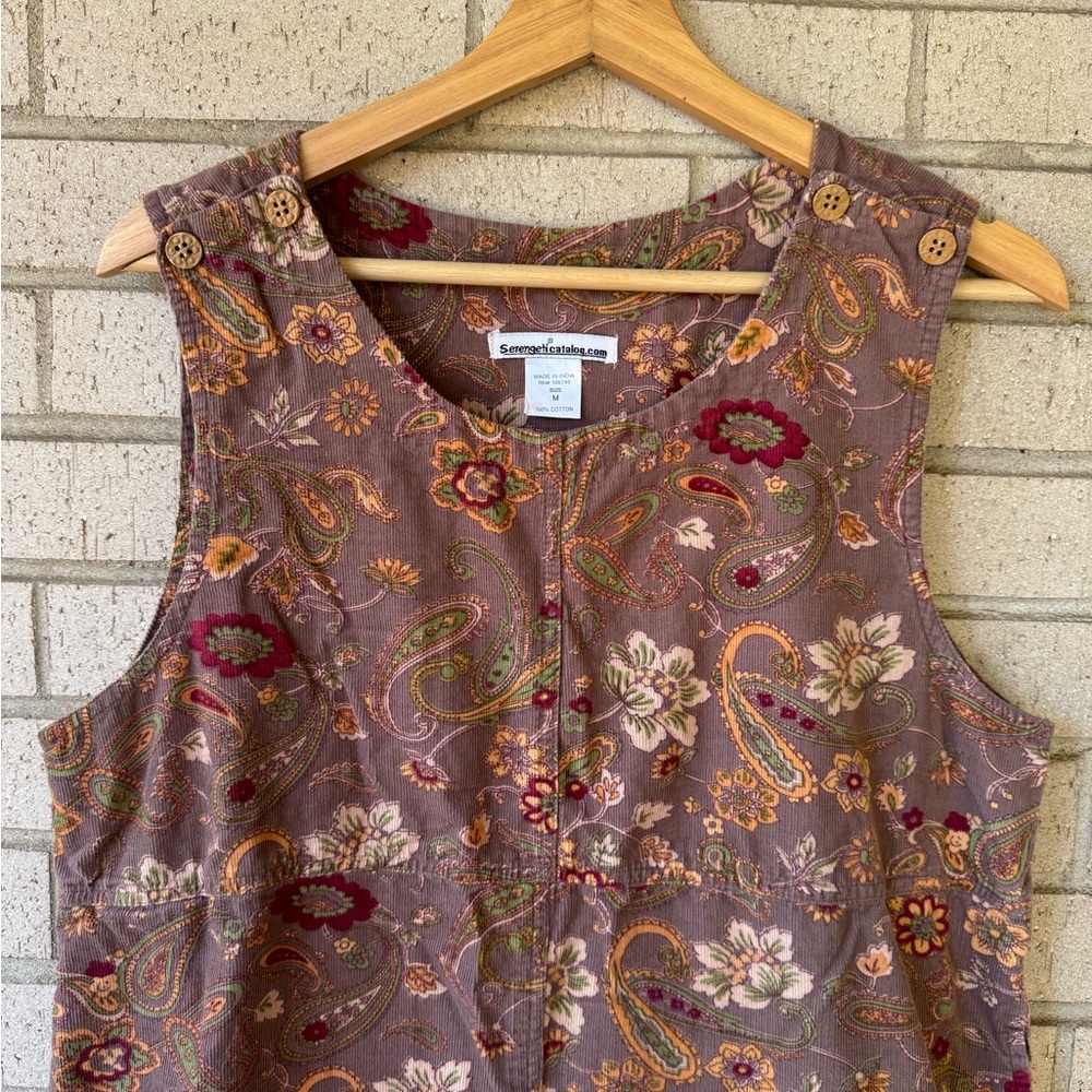 Vintage Corduroy Brown Paisley Floral Jumper, Midi Dress, Size Medium - Picture 2 of 6